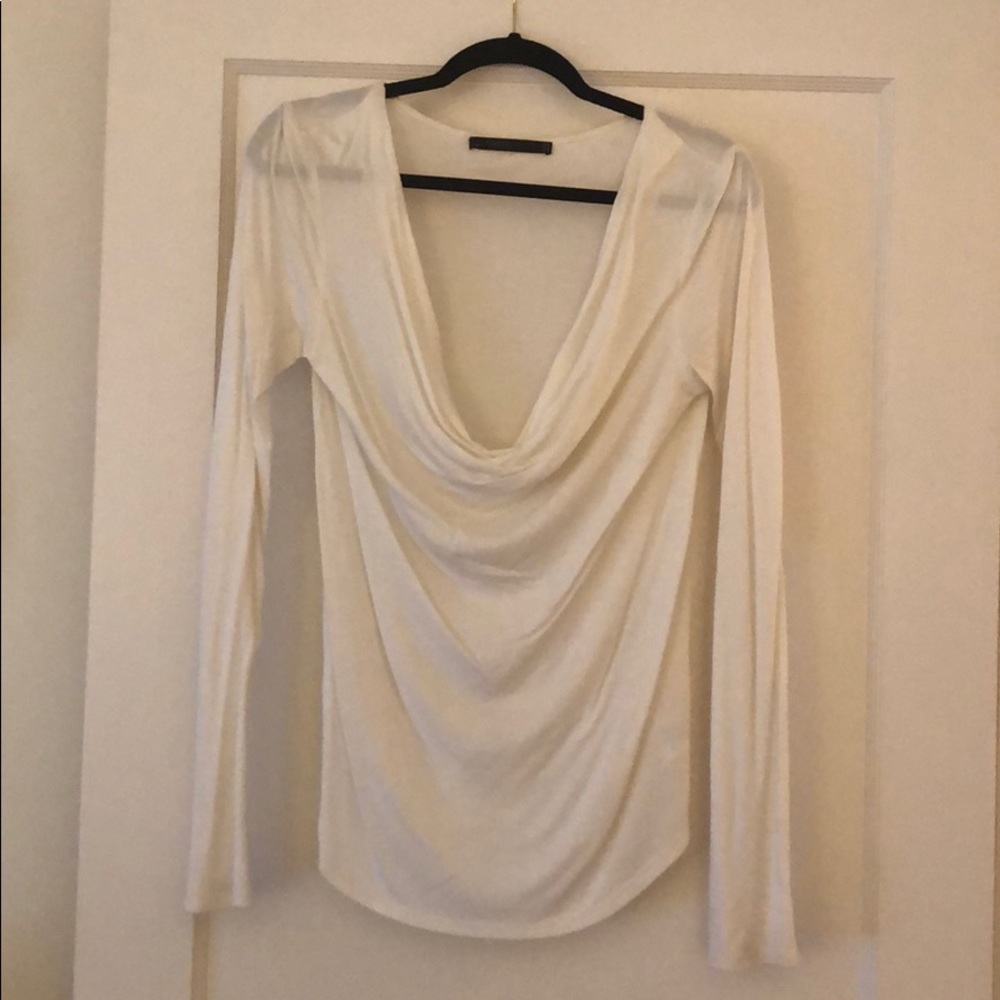 White jersey long sleeve tee with drop neck
